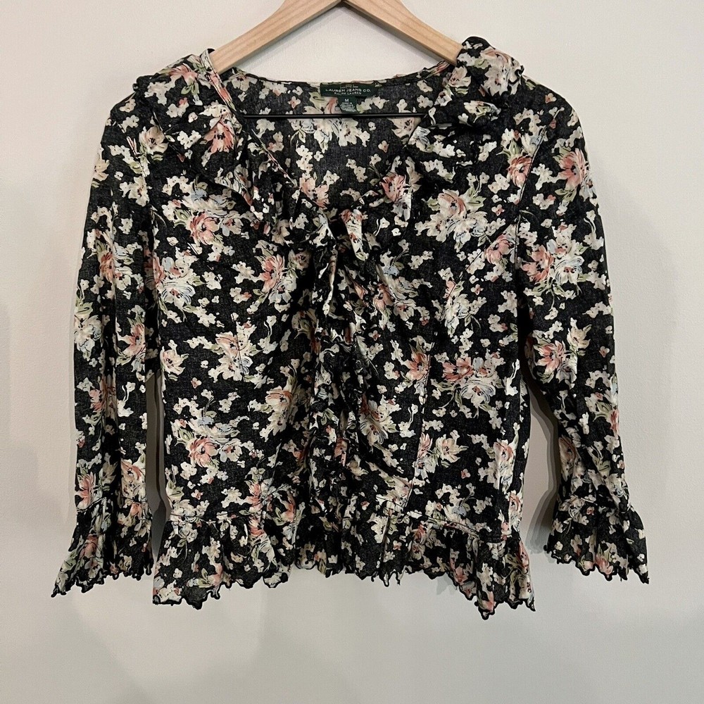Lauren Ralph Lauren Floral Ruffle Button Up Blouse Size Medium Gray Pink